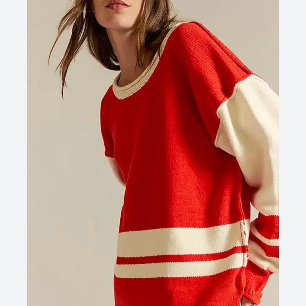 Free People Red and Cream Stripe Pullover Sweater - Picture 4 of 9